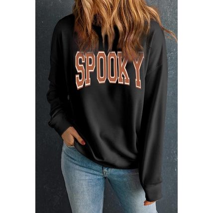 Black SPOOKY Graphic Drop Shoulder Halloween Pullover Sweatshirt
