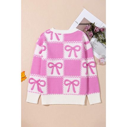 Pink Bow Knot Two Tone Checkered Crew Neck Sweater