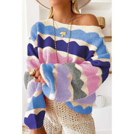 Dark Blue Wave Striped Balloon Sleeve Drop Shoulder Sweater