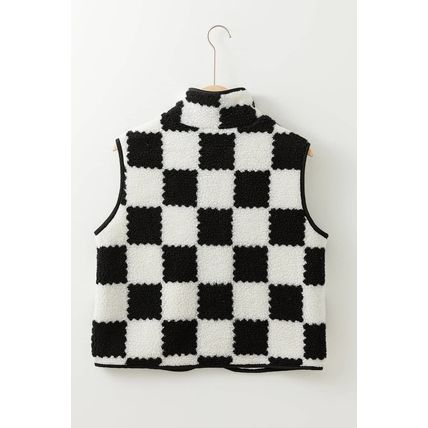 Black Checkered Sherpa Collared Jacket Vest