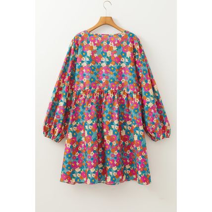 Sky Blue Plus Size Floral Print Shirred Ruffle Tiered Mini Dress