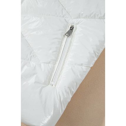 White Solid Quilted Hooded Zip Up Puffer Coat