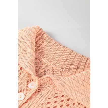 Apricot Pink Hollowed Knit 3/4 Dolman Sleeve Buttoned Collared Sweater