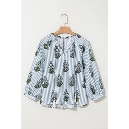 Beau Blue Striped Floral Printed Long Sleeve Tied V Neck Blouse