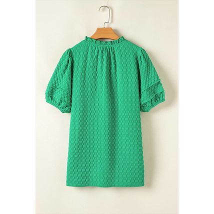 Bright Green Textured Puff Short Sleeve Notched V Neck Top