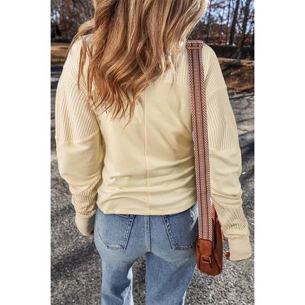 Beige Thermal Knit Patchwork Exposed Seam Long Sleeve Top
