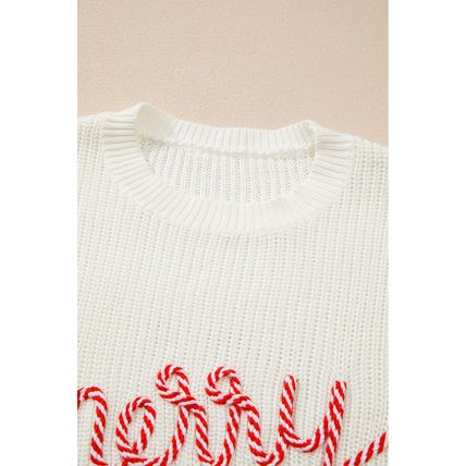 White Striped Merry Bright Letter Christmas Sweater