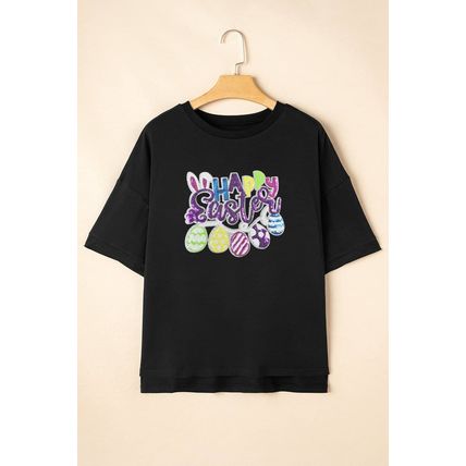 Black Happy Easter Sequin Graphic Dropped Shoulder T Shirt