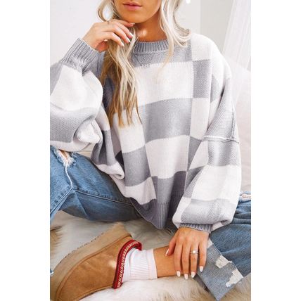 Gray Checkered Bishop Sleeve Sweater