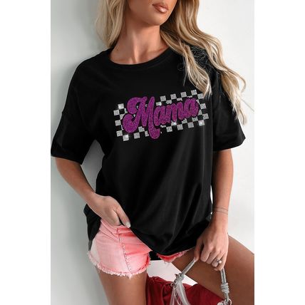 Black Rhinestone Mama Letter Graphic T Shirt