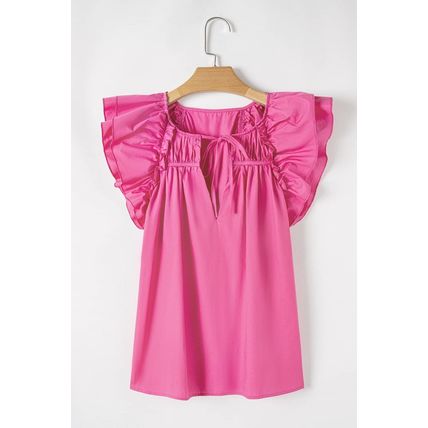Sachet Pink Shirred Yoke Lace up V Neck Ruffled Sleeve Blouse
