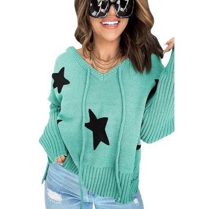 Green V Neck Star Pattern Hooded Sweater with Slits