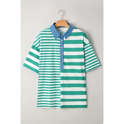 Green Stripe Colorblock Collar Half Buttons T Shirt