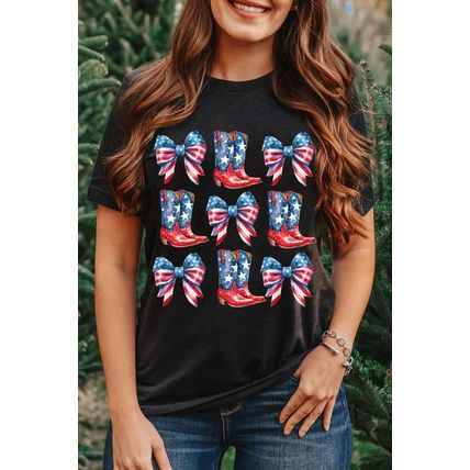 Black Stars and Stripes Bowknot Cowgirl Boots Graphic Patriotic Tee