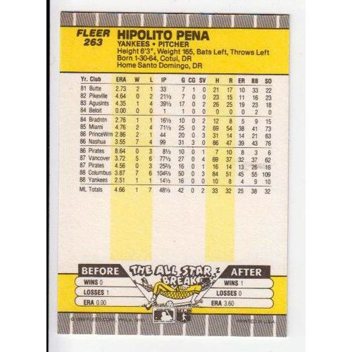 1989 Fleer Hipolito Pena rookie card #263- RC-NM-Yankees