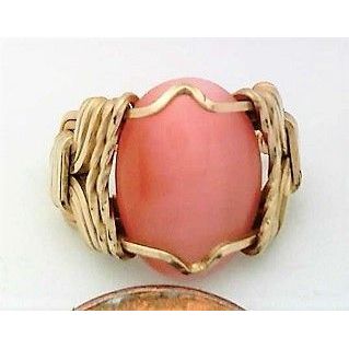 Pink Cat Eye Glass Gold Wire Wrap Gemstone Ring sz 4