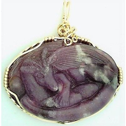 Carved Lepidolite Nesting Dragon Gold Wire Wrap Gemstone Pendant