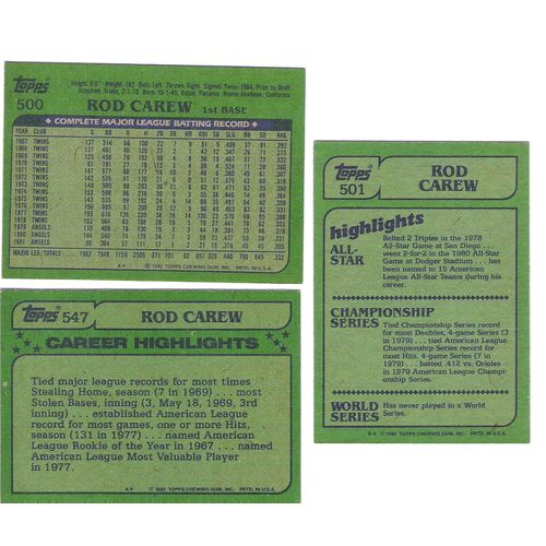 Three 1982 Topps Rod Carew baseball cards 500 501 547 - NM –Angels