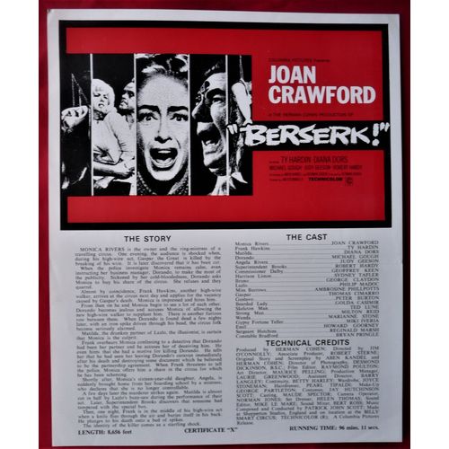 BERSERK! / TORTURE GARDEN (1984) vintage UK Press booklet ***Joan Crawford***