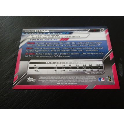 2016 Bowman Card # 007 Freddie Freeman Excellent-Mint (6) Atlanta Braves