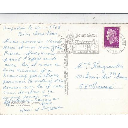 Pompadour Le Chateau Postcard posted 1968 corner crease