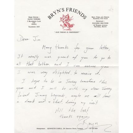Bryn Yemm Jimmy Leycock Jersey Channel Islands Hand Wrote Signed Private Letter