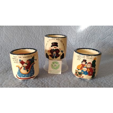 SET OF 3 MERRY CHRISTMAS VOTIVE CANDLES IN CERAMIC HOLDERS SNOWMAN DECORATIONS