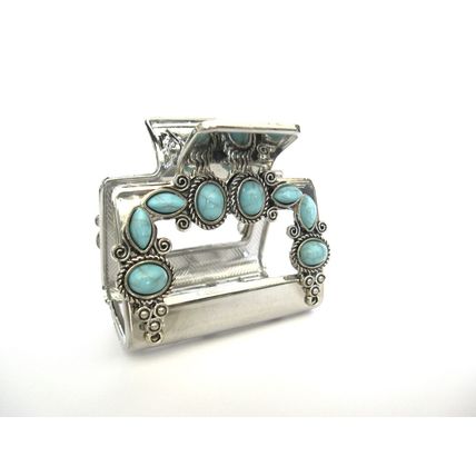 Hair claw clip turquoise blue stones south western design metal rectangle shape