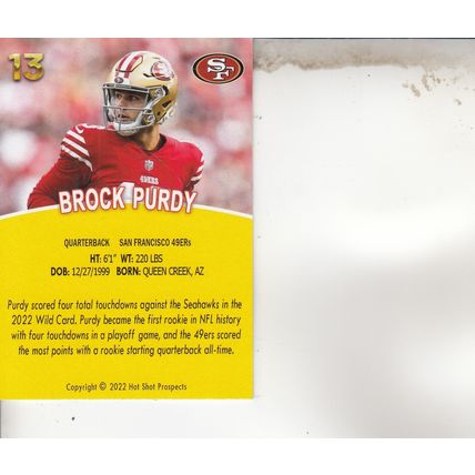 BROCK PURDY ROOKIE 2022 AUTOGRAPHED SAN FRANCISCO 49ERS ALL-PRO MVP QUARTERBACK
