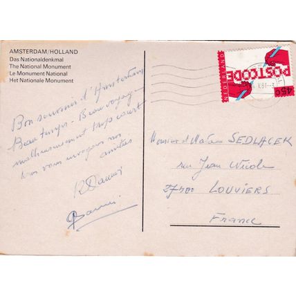 Amsterdam National Monument Netherlands Postcard posted 1981 marks on face
