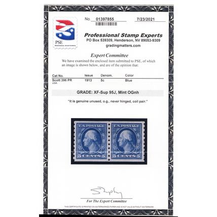 396, Mint NH XF/Superb 5¢ Coil Pair - PSE Graded 95J JUMBO Cert - Stuart Katz