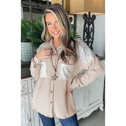 Parchment Sequin Patch Chest Pocket Corded Shacket