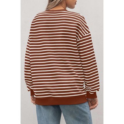 Coffee Striped Long Sleeve Round Neck Loose Top