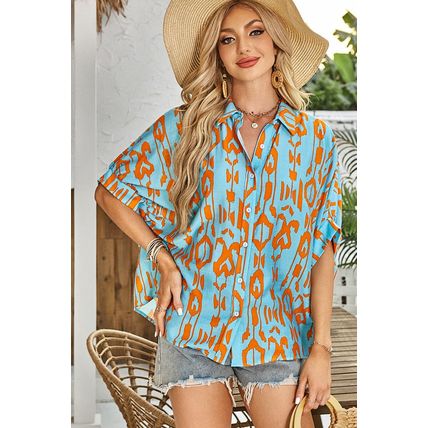 Sky Blue Abstract Print Dolman Short Sleeve Western Loose Shirt