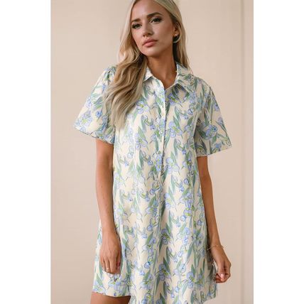 Green Floral Print Shirtcollar Buttoned Short Sleeve Shift Dress