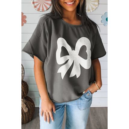 Medium Grey Lace Bow Raw Edge Drop Shoulder Casual T Shirt