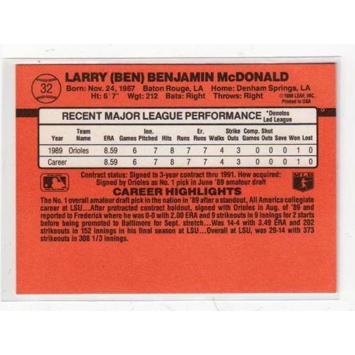 1990 Donruss Ben McDonald RC Rated Rookie card #32 – Orioles