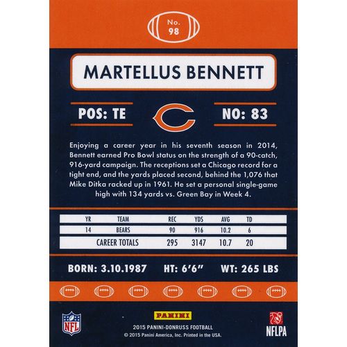 2015 Donruss Football 98 Martellus Bennett Chicago Bears