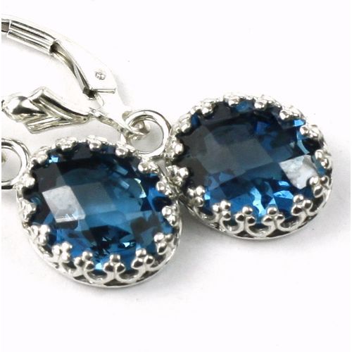 London Blue Topaz, 925 Sterling Silver Crown Bezel Leverback Earrings, SE109