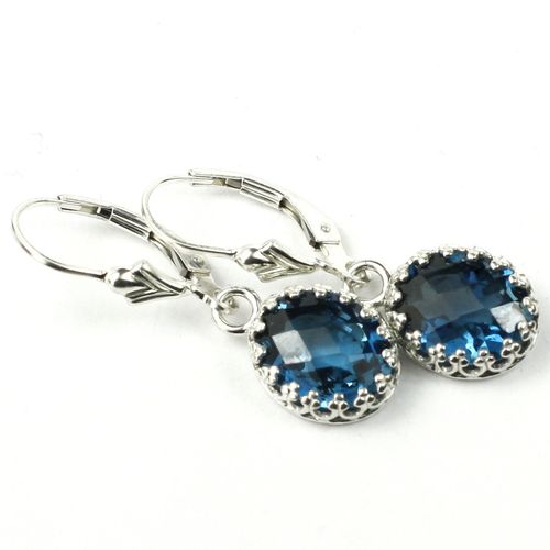 London Blue Topaz, 925 Sterling Silver Crown Bezel Leverback Earrings, SE109