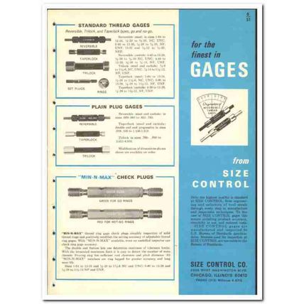 Size Control Company 1965 vintage industrial catalog gages thread pipe