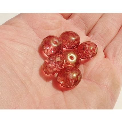 6 Fat Saucer Glass Beads 13mm x 9mm Faceted Edges Red Tinted Rondelle bd088