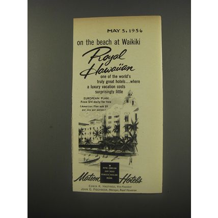 1956 Matson Hotels Ad - On the beach at Waikiki Royal Hawaiian