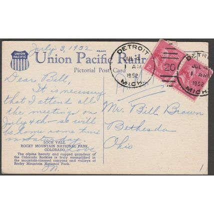 Loch Vale, Rocky Mountain National Park, Colorado, 1952 - Union Pacific Postcard