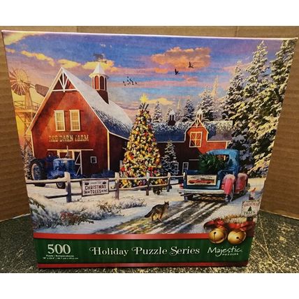 Majestic Puzzles Holiday Puzzle Series Red Barn Tree Farm 500 Piece Jigsaw