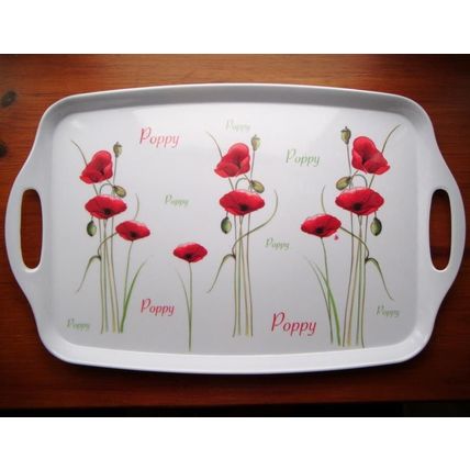 Dunelm Poppy LARGE White Melamine Serving Tray with Handles, Red Poppies 49x31cm