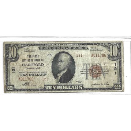 1929 US National Currency The First National Bank of Hartford #121 VF