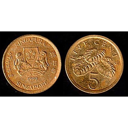 Singapore Five Cents 1990 Used Coin 5c Monstera Plant Coat of Arms