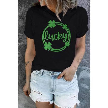 Black St Patrick Sequin Lucky Clover Print Short Sleeve T-shirt