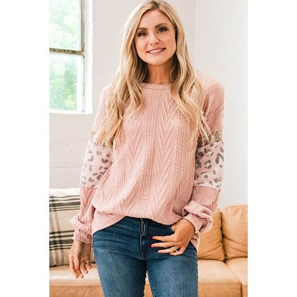 Pink Leopard Sequin Splicing Sleeves Textured Knit Top